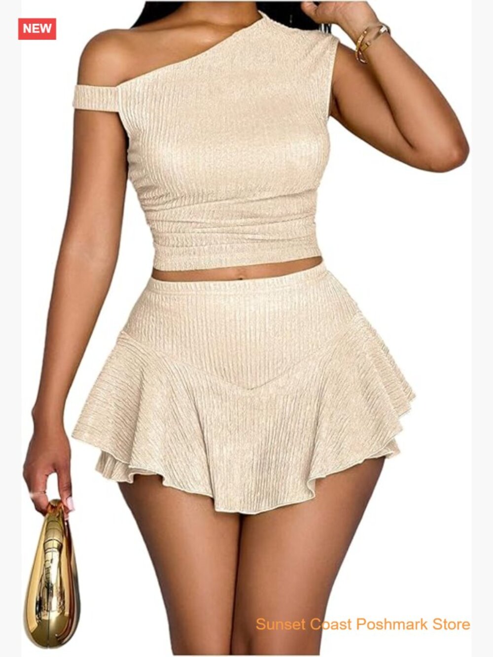 One Shoulder Asymmetrical Tank Top and Ruffled Mini Skirt Set